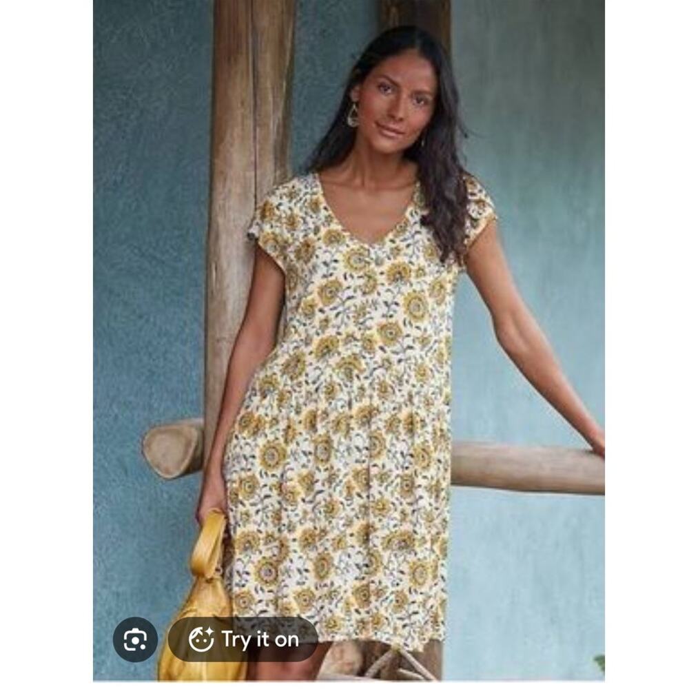 Garnet Hill Marina Crepe Dress Large Floral Flowy Dropwaist Boho Breezy A-line